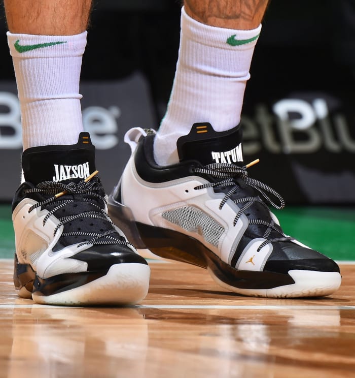 View of white and black Jordan shoes.